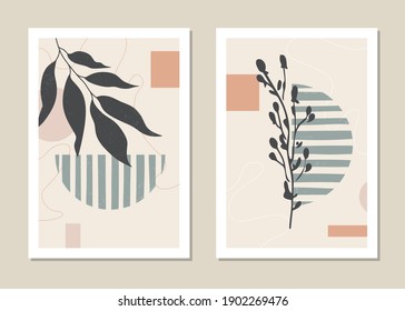 Botanical wall art vector set. Abstract pattern of flowers and branches for collages, posters, covers, ideal for wall decoration. Vector. 