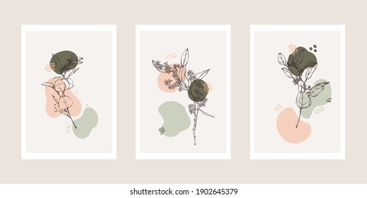 Conjunto de vectores de arte mural botánico. Dibujo de líneas florales y follaje con forma abstracta. Resumen Diseño de arte vegetal para impresión, cubierta, papel pintado, arte de pared mínimo y natural. Ilustración vectorial.