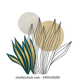 Conjunto de vectores de arte mural botánico. Dibujo de la línea dorada del follaje con color de agua.  Resumen Diseño de arte vegetal para impresiones enmarcadas en la pared, impresiones de lona, afiche, decoración casera, cubierta, papel pintado.