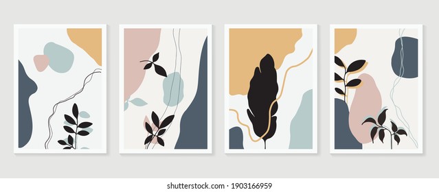 Botanical wall art vector set. Golden foliage line art drawing with watercolor.  Abstract Plant Art design for wall framed prints, canvas prints, poster, home decor, cover, wallpaper.