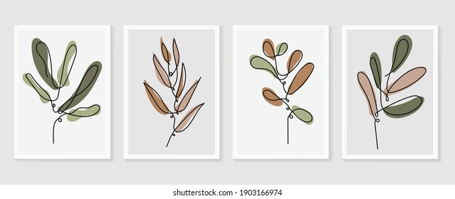 Botanical wall art vector set. Golden foliage line art drawing with watercolor.  Abstract Plant Art design for wall framed prints, canvas prints, poster, home decor, cover, wallpaper.