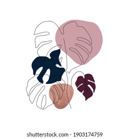 Botanische Wandkunst, Vektorset. Goldenes Blattwerk mit Aquarellmalerei. Monstera Plant Art Design für Wandbilder, Leinwand-Drucke, Poster, Wohnungsdekor, Decken, Tapeten.