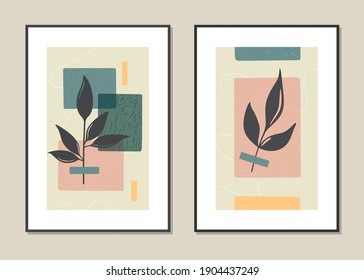 Botanical wall art vector set. Abstract pattern of flowers and branches for collages, posters, covers, ideal for wall decoration. Vector.