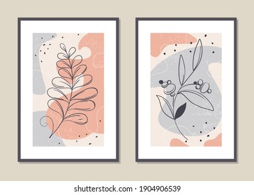 Botanical wall art vector set. Abstract pattern of flowers and branches for collages, posters, covers, ideal for wall decoration. Vector.