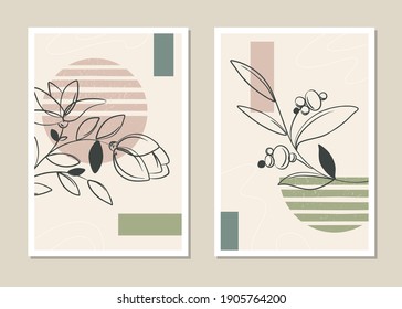 Conjunto de vectores de arte mural botánico. Patrón abstracto de flores y ramas para collages, afiches, cubiertas, ideal para la decoración de las paredes. Vector.