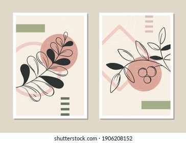 Botanical wall art vector set. Abstract pattern of flowers and branches for collages, posters, covers, ideal for wall decoration. Vector.