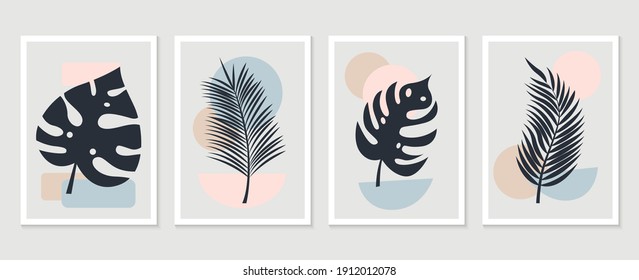 Botanical wall art vector set. Tropical Foliage line art drawing with abstract shape. Abstract Plant Art design for print, cover, wallpaper, Minimal and natural wall art. Vector illustration