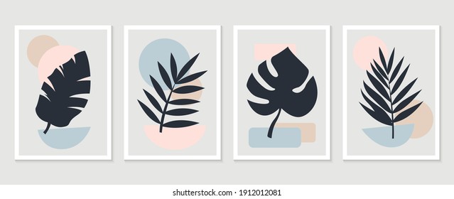 Botanical wall art vector set. Tropical Foliage line art drawing with abstract shape. Abstract Plant Art design for print, cover, wallpaper, Minimal and natural wall art. Vector illustration