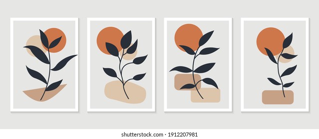 Botanical wall art vector set. Tropical Foliage line art drawing with abstract shape. Abstract Plant Art design for print, cover, wallpaper, Minimal and natural wall art. Vector illustration