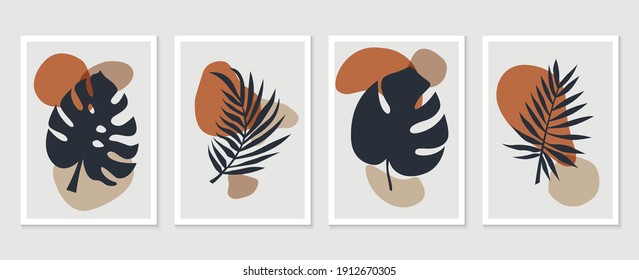 Botanical wall art vector set. Tropical Foliage line art drawing with abstract shape. Abstract Plant Art design for print, cover, wallpaper, Minimal and natural wall art. Vector illustration