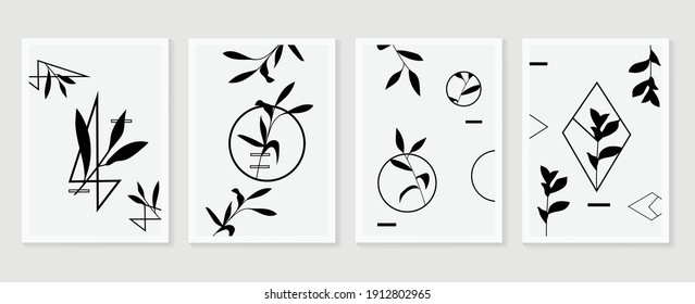Conjunto de vectores de arte mural botánico. Dibujo artístico de línea de follaje con forma abstracta.  Resumen Diseño de arte vegetal para impresión, cubierta, papel pintado, fondo de pared mínimo y natural.