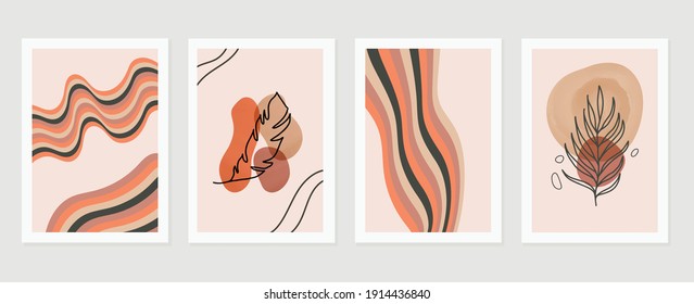 Botanical wall art vector set. Earth tone background foliage line art drawing with abstract shape and watercolor. Design for wall framed prints, canvas prints, poster, home decor, cover, wallpaper.
