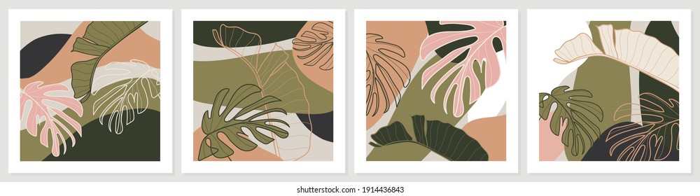 Botanical wall art vector set. Earth tone background foliage line art drawing with abstract shape and watercolor. Design for wall framed prints, canvas prints, poster, home decor, cover, wallpaper.
