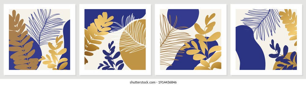 Botanical wall art vector set. Earth tone background foliage line art drawing with abstract shape and watercolor. Design for wall framed prints, canvas prints, poster, home decor, cover, wallpaper.
