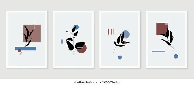 Botanical wall art vector set. Earth tone background foliage line art drawing with abstract shape and watercolor. Design for wall framed prints, canvas prints, poster, home decor, cover, wallpaper.
