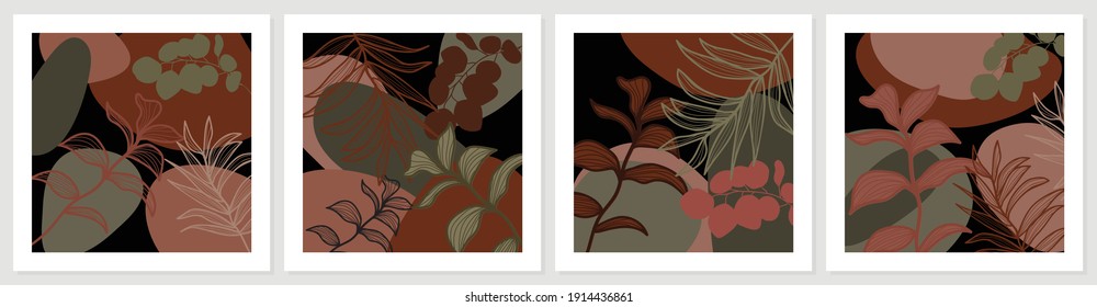 Botanical wall art vector set. Earth tone background foliage line art drawing with abstract shape and watercolor. Design for wall framed prints, canvas prints, poster, home decor, cover, wallpaper.
