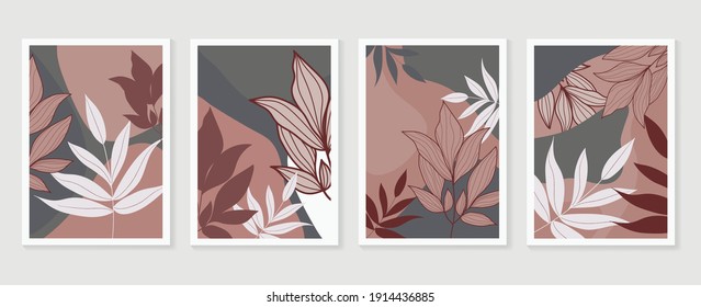 Botanical wall art vector set. Earth tone background foliage line art drawing with abstract shape and watercolor. Design for wall framed prints, canvas prints, poster, home decor, cover, wallpaper.
