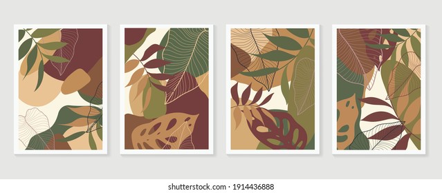 Botanical wall art vector set. Earth tone background foliage line art drawing with abstract shape and watercolor. Design for wall framed prints, canvas prints, poster, home decor, cover, wallpaper.
