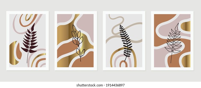 Botanical wall art vector set. Earth tone background foliage line art drawing with abstract shape and watercolor. Design for wall framed prints, canvas prints, poster, home decor, cover, wallpaper.
