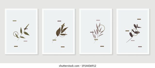 Botanical wall art vector set. Earth tone background foliage line art drawing with abstract shape and watercolor. Design for wall framed prints, canvas prints, poster, home decor, cover, wallpaper.
