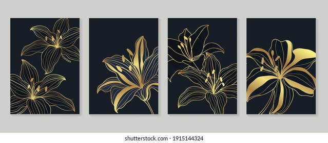 Botanical wall art vector set. Golden foliage line art drawing with  abstract shape.  Abstract Plant Art design for wall framed prints, canvas prints, poster, home decor, cover, wallpaper.