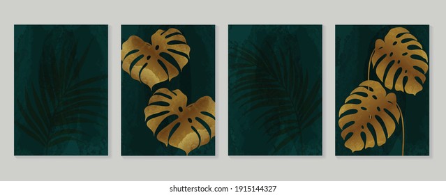 Botanical wall art vector set. Golden foliage line art drawing with  abstract shape.  Abstract Plant Art design for wall framed prints, canvas prints, poster, home decor, cover, wallpaper.