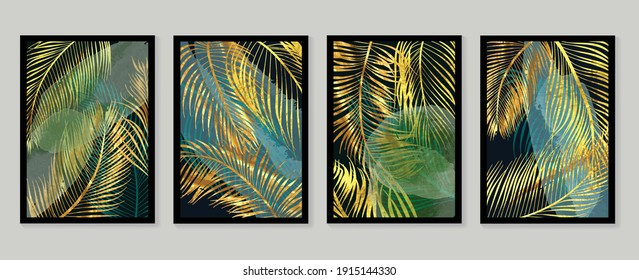 Botanical Wall Art Vector Set. Golden Foliage Line Art Drawing With  Abstract Shape.  Abstract Plant Art Design For Wall Framed Prints, Canvas Prints, Poster, Home Decor, Cover, Wallpaper.