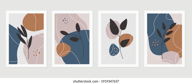 Botanical wall art vector set. Earth tone background foliage line art drawing with abstract shape and watercolor. Design for wall framed prints, canvas prints, poster, home decor, cover, wallpaper.