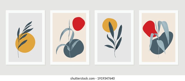Botanical wall art vector set. Earth tone background foliage line art drawing with abstract shape and watercolor. Design for wall framed prints, canvas prints, poster, home decor, cover, wallpaper.