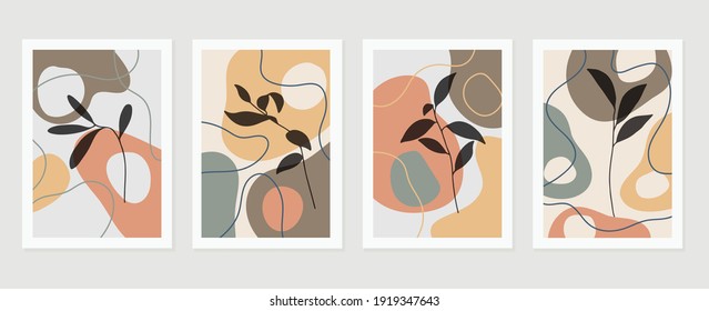 Conjunto de vectores de arte mural botánico. Dibujo de la línea folicular del fondo del tono de la Tierra con forma abstracta y acuarela. Diseño de impresiones enmarcadas en la pared, estampados de tela, afiche, decoración doméstica, cubierta, papel pintado.