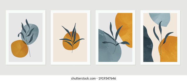 Conjunto de vectores de arte mural botánico. Dibujo de la línea folicular del fondo del tono de la Tierra con forma abstracta y acuarela. Diseño de impresiones enmarcadas en la pared, estampados de tela, afiche, decoración doméstica, cubierta, papel pintado.