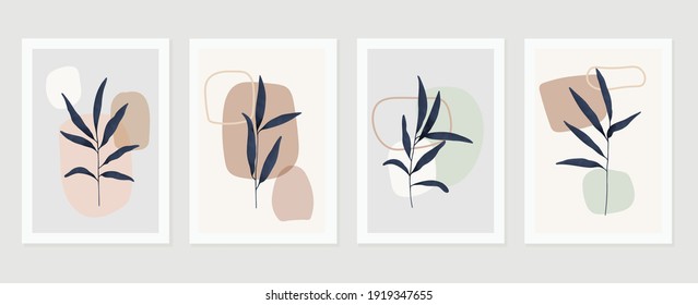 Botanical Wall Art Vector Set. Earth Tone Background Foliage Line Art Drawing With Abstract Shape And Watercolor. Design For Wall Framed Prints, Canvas Prints, Poster, Home Decor, Cover, Wallpaper.