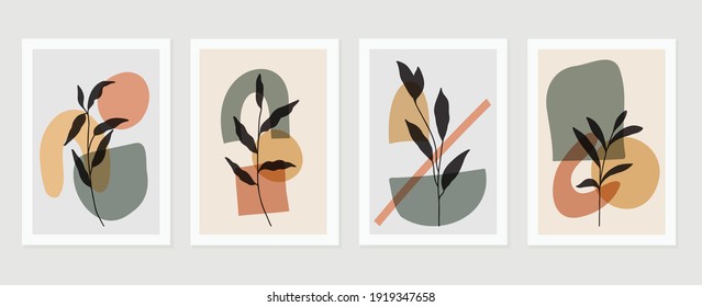 Botanical wall art vector set. Earth tone background foliage line art drawing with abstract shape and watercolor. Design for wall framed prints, canvas prints, poster, home decor, cover, wallpaper.