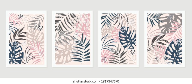 Botanical wall art vector set. Earth tone background foliage line art drawing with abstract shape and watercolor. Design for wall framed prints, canvas prints, poster, home decor, cover, wallpaper.