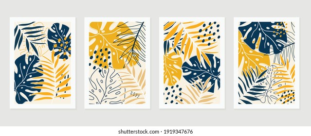 Botanical wall art vector set. Earth tone background foliage line art drawing with abstract shape and watercolor. Design for wall framed prints, canvas prints, poster, home decor, cover, wallpaper.