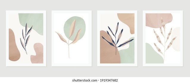 Botanical wall art vector set. Earth tone background foliage line art drawing with abstract shape and watercolor. Design for wall framed prints, canvas prints, poster, home decor, cover, wallpaper.