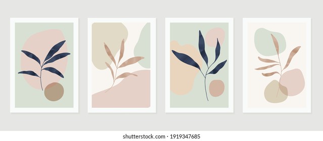 Botanical Wall Art Vector Set. Earth Tone Background Foliage Line Art Drawing With Abstract Shape And Watercolor. Design For Wall Framed Prints, Canvas Prints, Poster, Home Decor, Cover, Wallpaper.