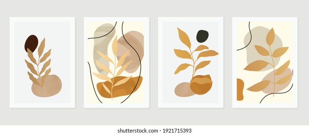 Botanical wall art vector set. Earth tone background foliage line art drawing with abstract shape and watercolor. Design for wall framed prints, canvas prints, poster, home decor, cover, wallpaper.