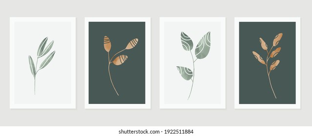 Botanical wall art vector set. Green and earth tone background foliage line art drawing with abstract shape and watercolor. Design for wall framed prints, canvas prints, poster,  cover, wallpaper.