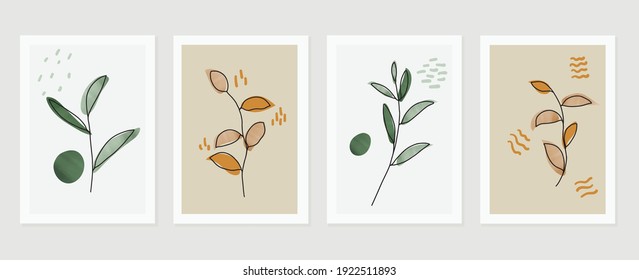 Botanical wall art vector set. Green and earth tone background foliage line art drawing with abstract shape and watercolor. Design for wall framed prints, canvas prints, poster,  cover, wallpaper.