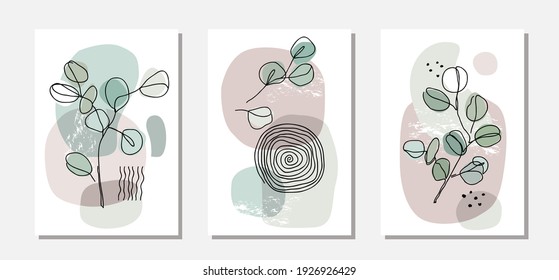 Botanical wall art vector set with eucalyptus branches. Modern continuous line drawing style. Pastel tone boho foliage line art drawing with abstract shape. Abstract Plant Art design.