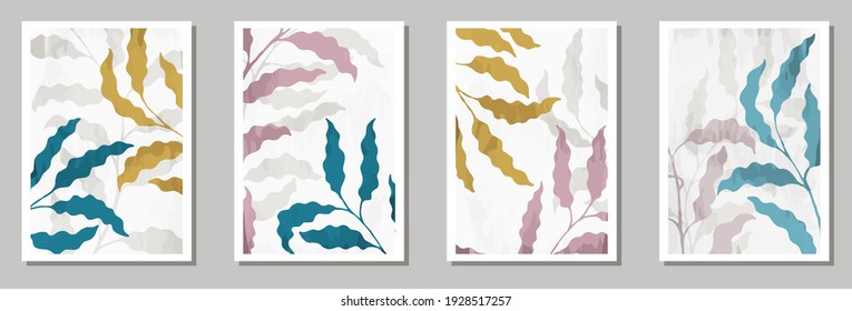 Botanical wall art vector set. Foliage on branches line art drawing with abstract shape. Abstract plant art design for print, cover, wallpaper, Minimal and natural wall art. Branch twigs with leaves