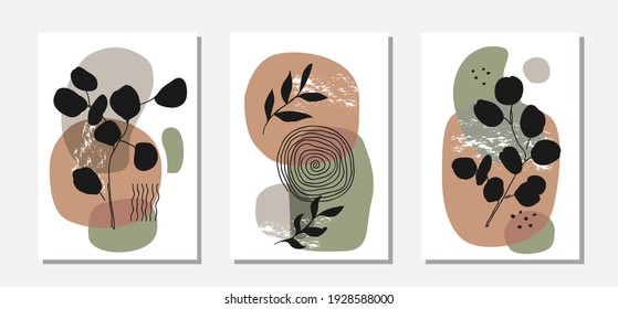 Vector de arte mural botánico con siluetas de ramas de eucalipto. Estilo moderno de dibujo de línea continua. Dibujo de líneas de follaje de tono boho con forma abstracta. Resumen Diseño de arte vegetal.