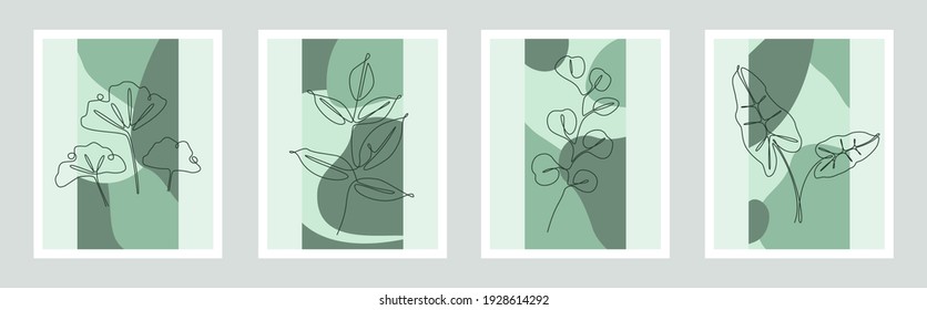 Botanical wall art vector set. Foliage Continuous one line drawing with abstract shape. Minimalist and natural green wall art with Abstract Plant of Eucalyptus, Ginkgo and palm branch. Illustration