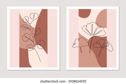 Botanical wall art vector set. Foliage Continuous one line drawing with abstract shape. Minimalist and natural wall art with Abstract Plant of Eucalyptus and Ginkgo. Illustration