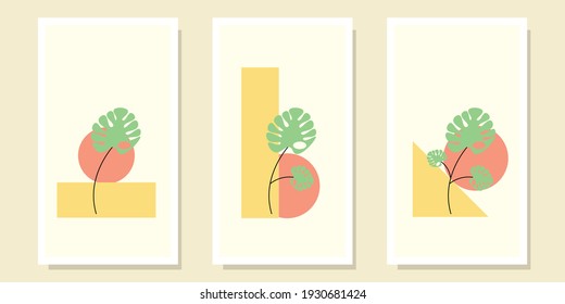 Conjunto de vectores de arte mural botánico. Dibujo de líneas de follaje tropical con forma abstracta. paredes de arte, tapicería, minimal y natural. Ilustración vectorial.