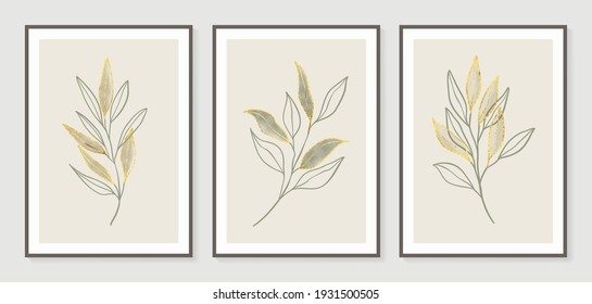 Conjunto de vectores de arte mural botánico. Dibujo de líneas de follaje dorado con acuarela.  Resumen Diseño de arte vegetal para impresiones enmarcadas en la pared, impresiones de lona, afiche, decoración casera, cubierta, papel pintado.
