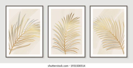 Botanical wall art vector set. Golden foliage line art drawing with watercolor.  Abstract Plant Art design for wall framed prints, canvas prints, poster, home decor, cover, wallpaper.
