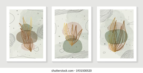 Botanical wall art vector set. Golden foliage line art drawing with watercolor.  Abstract Plant Art design for wall framed prints, canvas prints, poster, home decor, cover, wallpaper.
