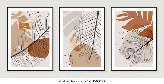 Botanical wall art vector set. Golden foliage line art drawing with watercolor.  Abstract Plant Art design for wall framed prints, canvas prints, poster, home decor, cover, wallpaper.
